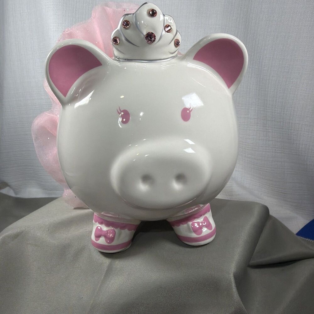FAB NY Princess Ballerina Ceramic Piggy Bank Pink Tutu Tiara Crown No Stopper